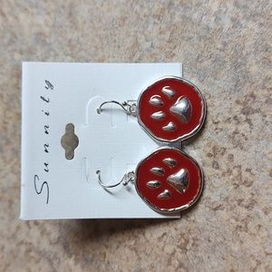 😻 3 For $15 Red Animal Paw Dangle Earrings Silver Stamped Look